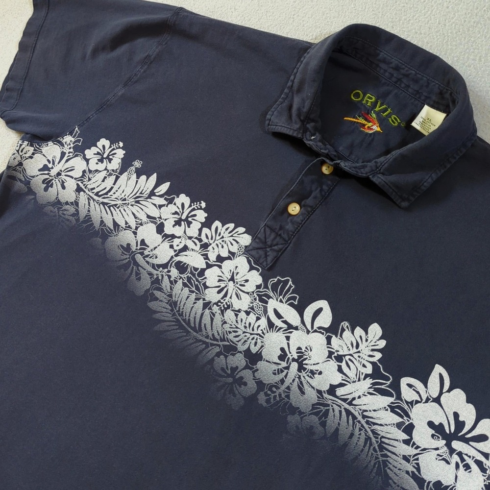 Orvis Mens XL Polo Shirt Navy Blue Tropical Floral Hibiscus Cotton VTG 90s